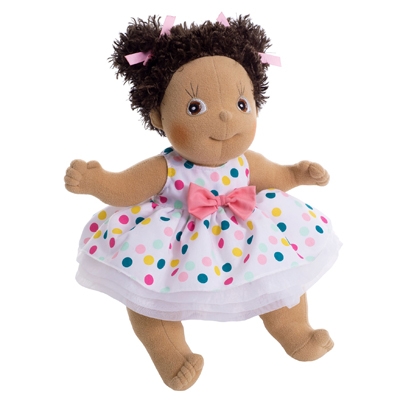 Rubens doll in the white dotted dress with pink bow and tulle underskirt