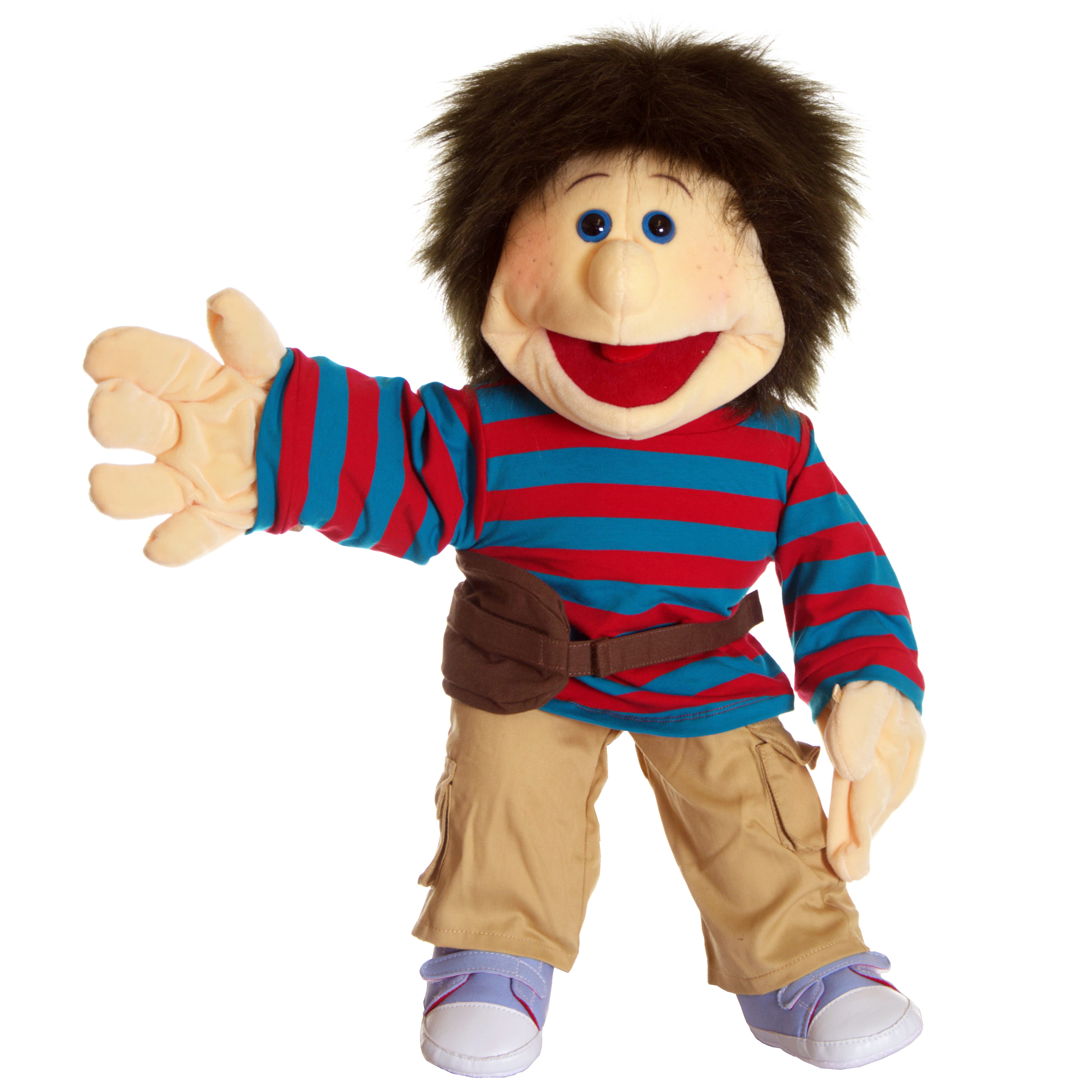 Living Puppets hand puppet Chrischi with brown tousled hair, striped jumper and belt bag