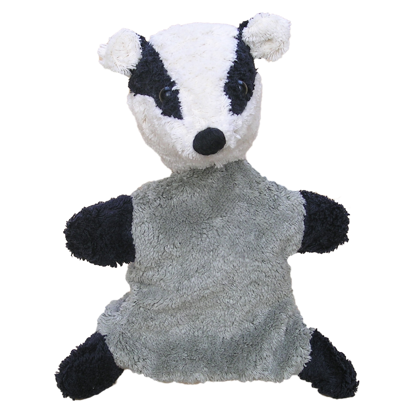 Kallisto hand puppet badger, black-and-white facial markings with a grey body and black paws