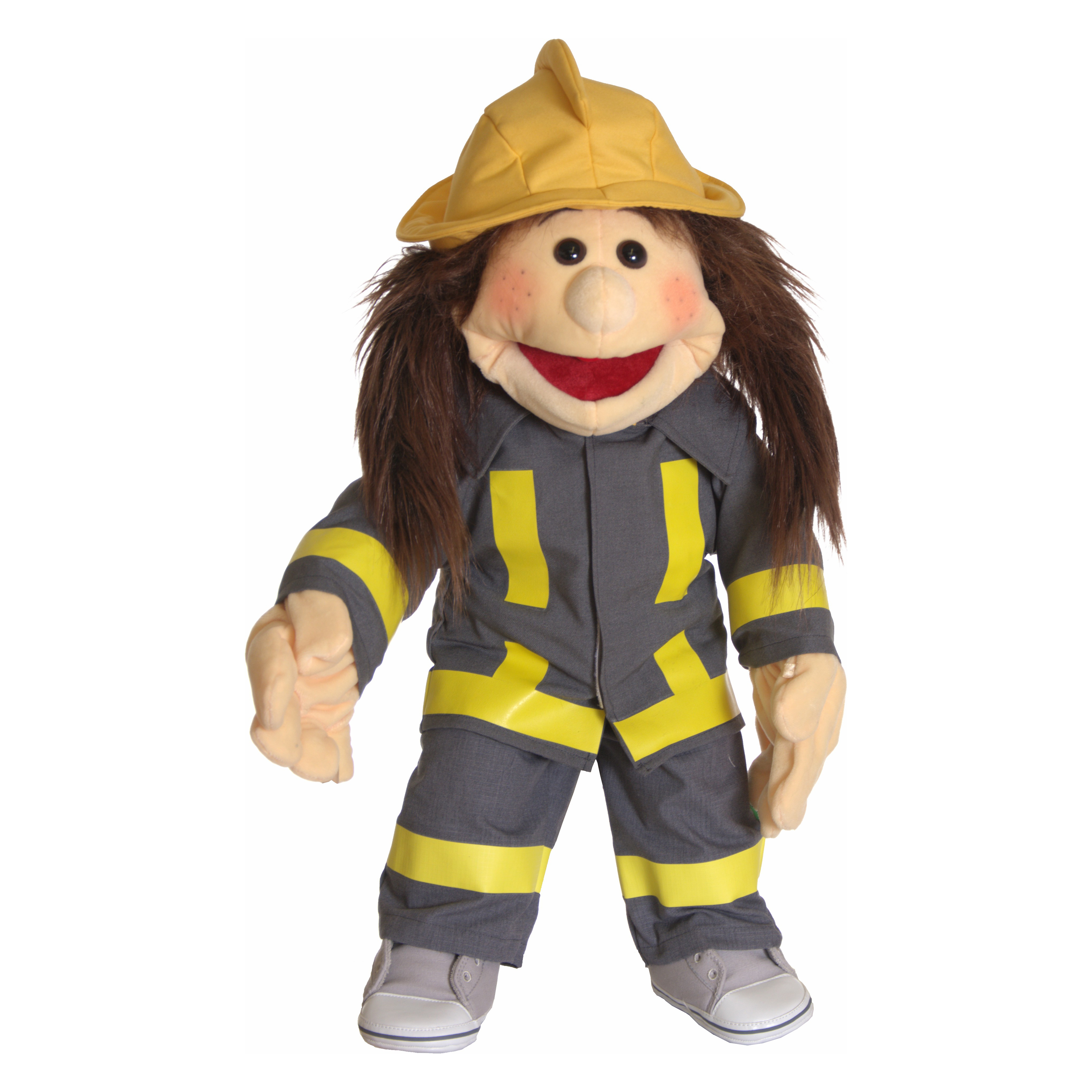 Firefighter clothing set for Living Puppets hand puppets (65 cm): grey jacket and trousers with reflective stripes and yellow helmet