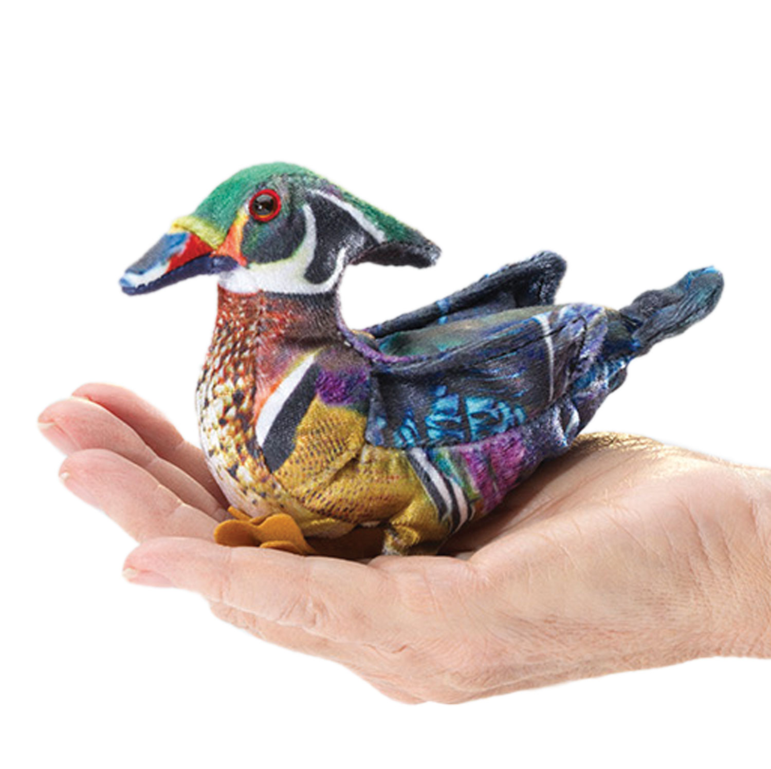 Folkmanis Fingerpuppe mini Brautente mit grün schillerndem Schopf, rotem Auge und weißer Gesichtszeichnung, Seitenansicht auf weißem Grund