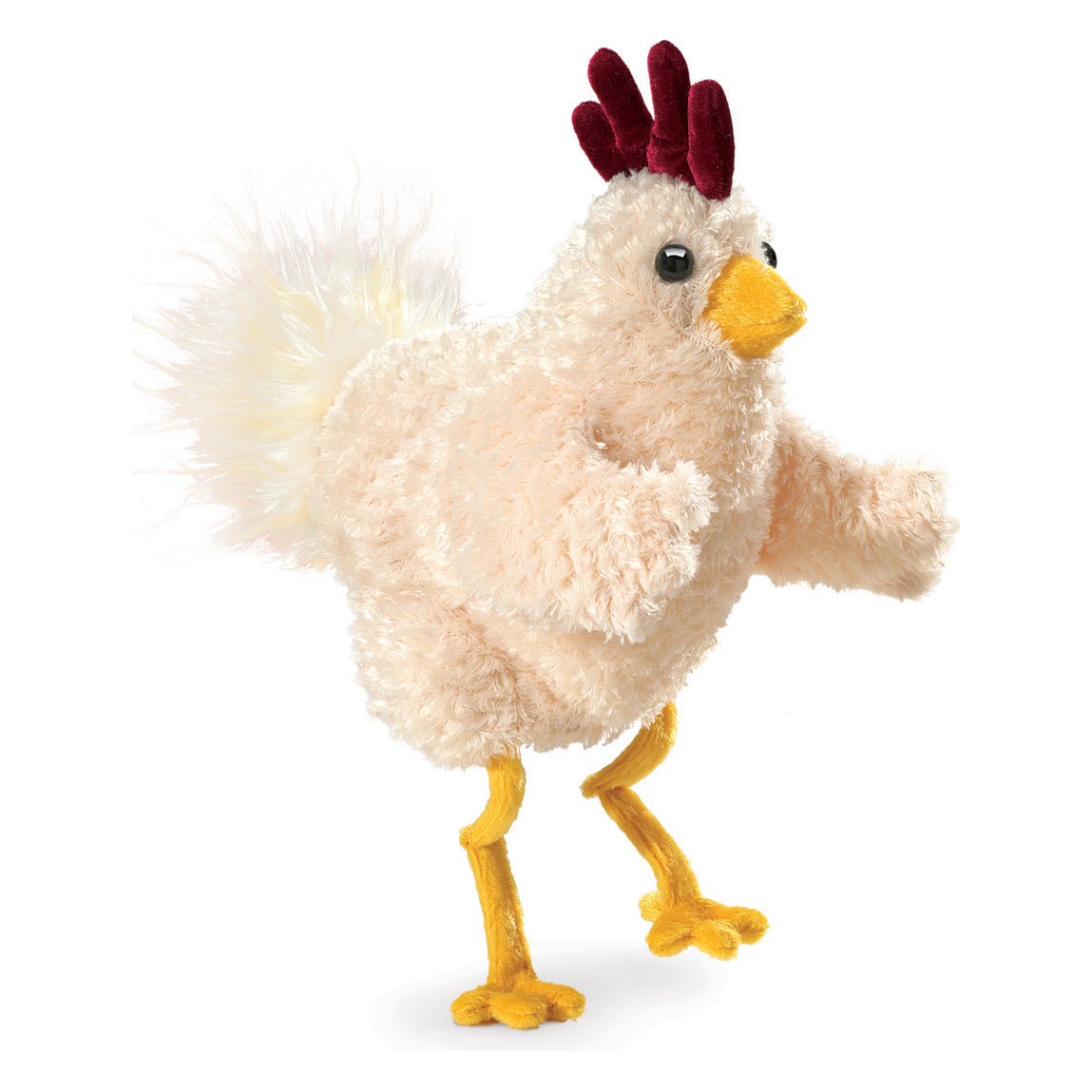 Folkmanis Handpuppe Lustiges Huhn aus cremefarbenem Plüsch mit dunkelrotem Kamm, gelbem Schnabel und Beinen in schreitender Pose