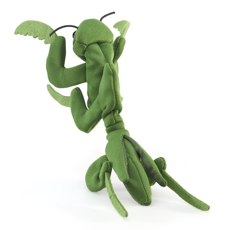 Folkmanis mini praying mantis finger puppet in green with raised forelegs, black antennae and wings, shown at an angle