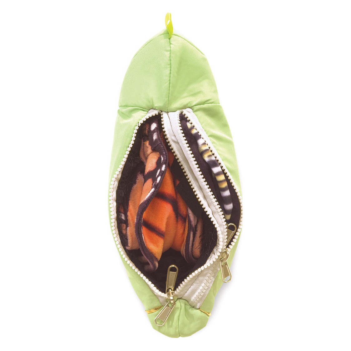 Folkmanis hand puppet Metamorphosis Butterfly: green puppet shell with open zip, revealing orange and black patterned butterfly wings inside