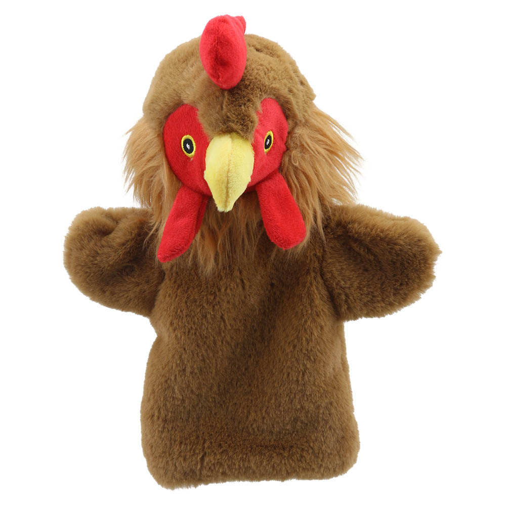The Puppet Company baby hand puppet hen, brown hen with a red comb and yellow beak, front view