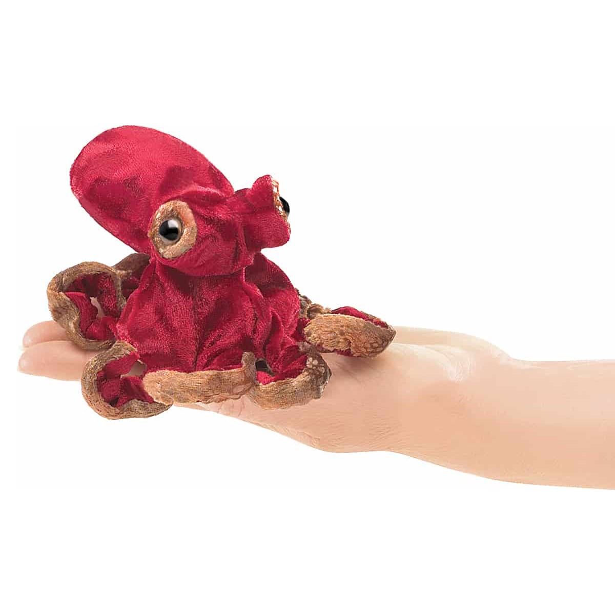 Folkmanis Mini-Fingerpuppe Oktopus in Dunkelrot mit braunen Tentakeln, auf einer Handfläche liegend, Seitenansicht
