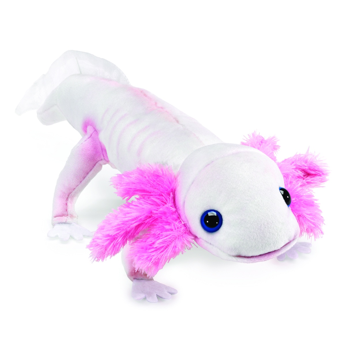 Folkmanis Fingerpuppe Axolotl in Weiß mit leuchtend pinken Kiemenbüscheln und blauen Knopfaugen, Schrägansicht