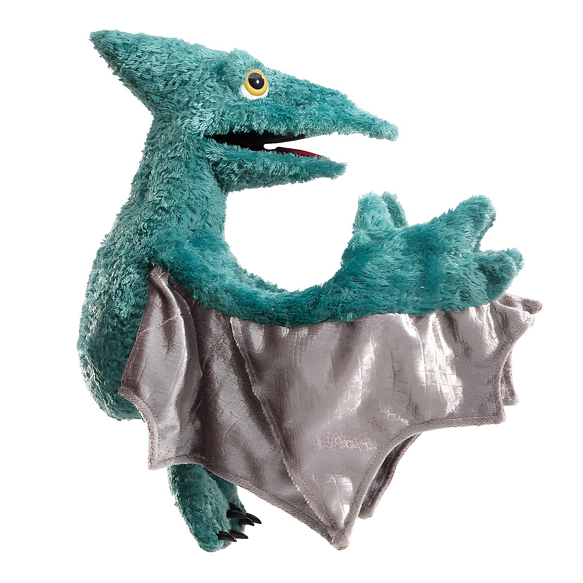 Folkmanis Handpuppe Flugsaurier in Türkis-Grün mit beweglichem Maul, ausgebreiteten Flügeln aus grauem Stoff und schwarzen Krallen, Seitenansicht