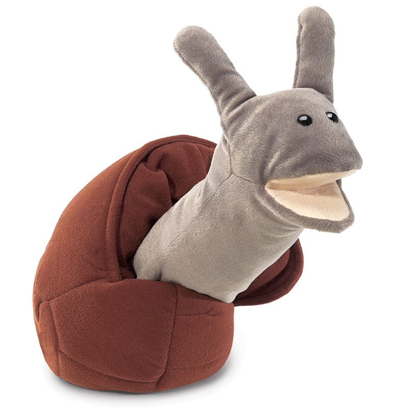 Folkmanis Handpuppe Schnecke mit braunem Gehäuse, grauem Körper und aufgestellten Fühlern in Seitenansicht