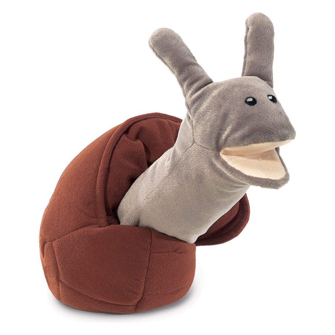 Folkmanis Handpuppe Schnecke mit braunem Gehäuse, grauem Körper und aufgestellten Fühlern in Seitenansicht