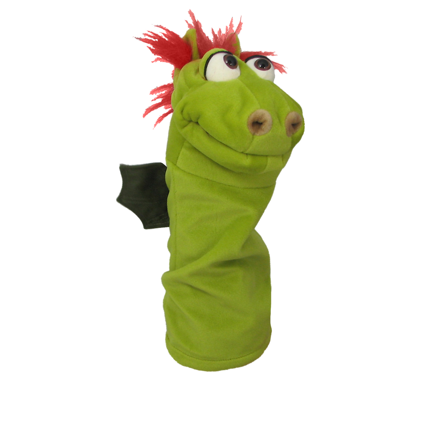 Living Puppets sock puppet Gregor the dragon, green with a red tuft of hair and wings, closed mouth, side view