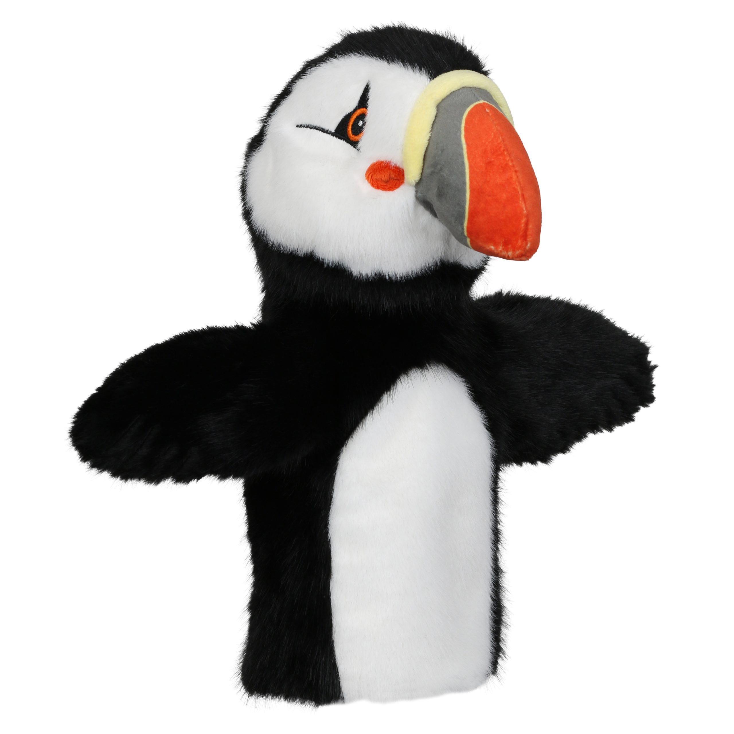 Handpuppe Papageientaucher aus der Serie Puppet Buddies der Puppet Company, schwarz-weiße Plüschfigur mit großem orange-grauem Schnabel und ausgebreiteten Flügeln