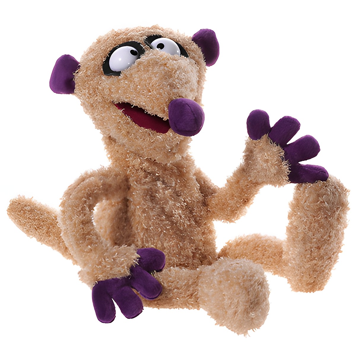 Heunec Handpuppe Erdmaennchen Jan, beige Plueschfigur mit violetten Ohren, violetter Nase und violetten Haenden, sitzend