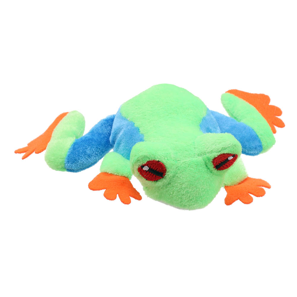 The Puppet Company Fingerpuppe Laubfrosch, grün-blaue liegende Fingerpuppe mit orangefarbenen Zehen und roten Augen