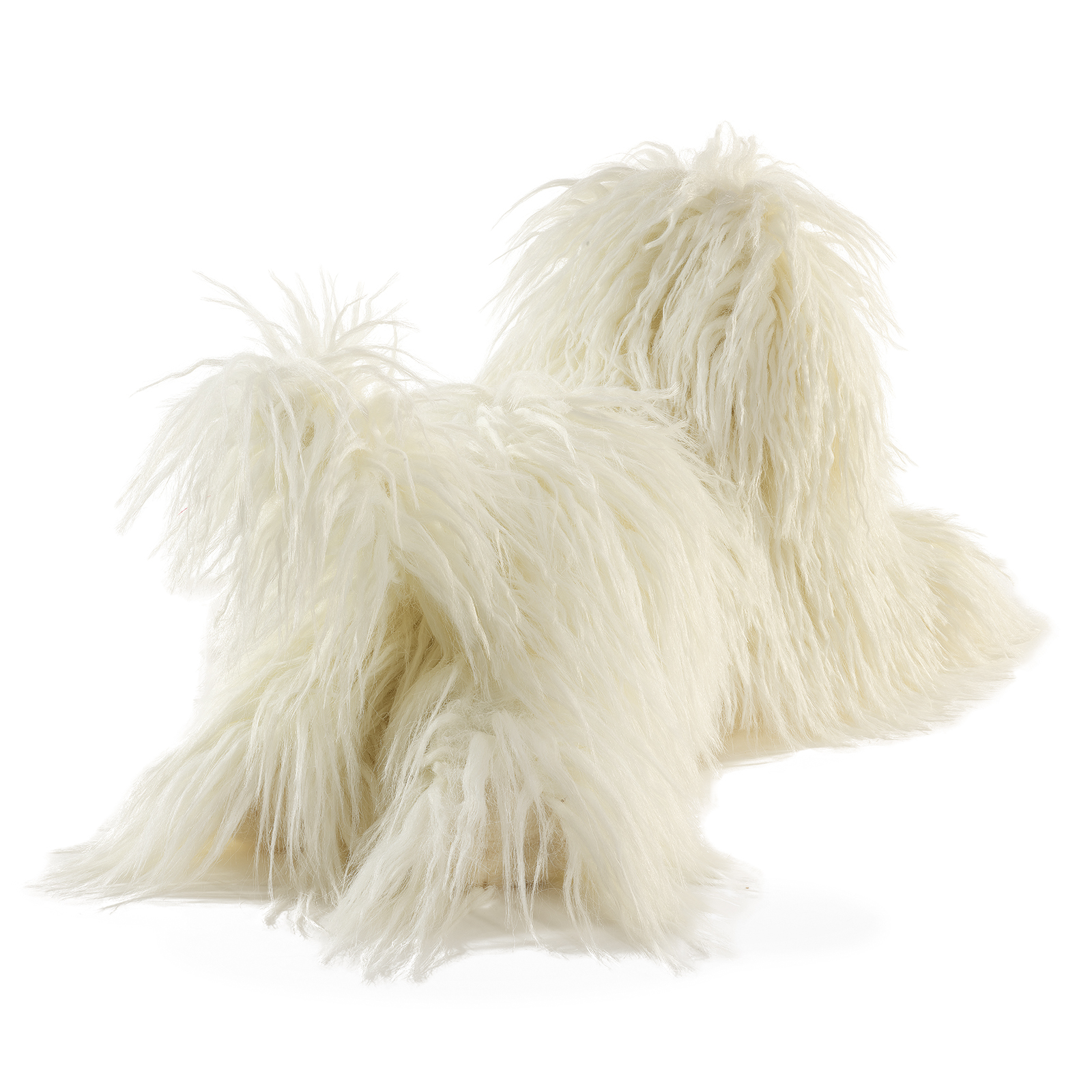 Folkmanis Komondor hand puppet lying and seen from behind, its corded white fur strands clearly visible.