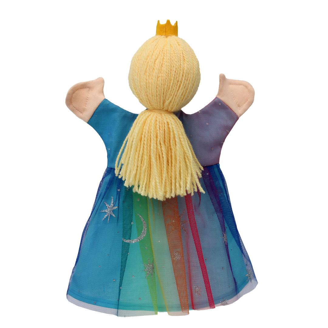 Punch and Judy puppet rainbow princess by munabo seen from the back with crown and rainbow tulle dress