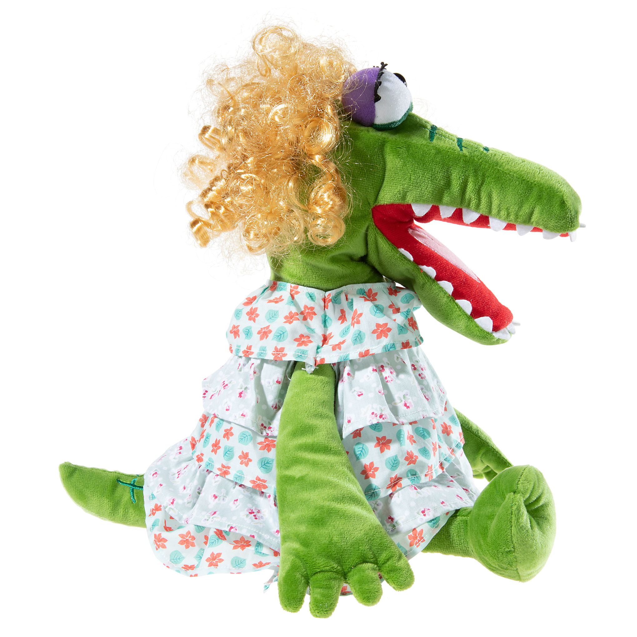 Heunec hand puppet Krokodella, green plush crocodile character in profile with open mouth and floral dress
