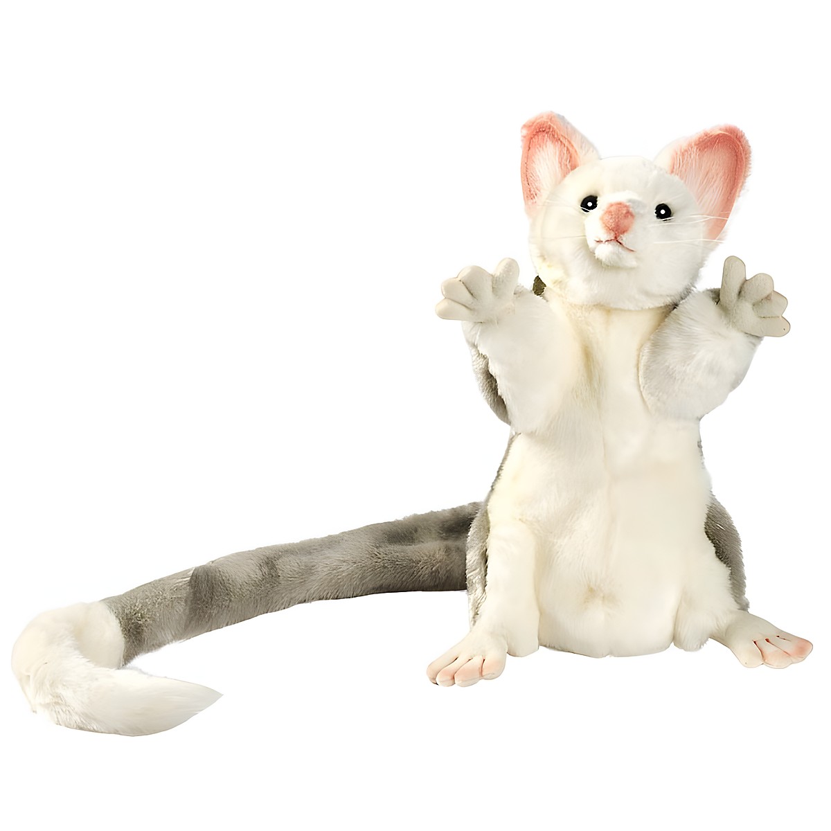 Opossum Handpuppe von Hansa Creation mit weißem Fell, rosa Ohren und langem grauem Greifschwanz