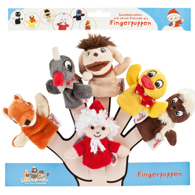 Heunec finger puppet 6-piece set Sandmaennchen and his friends, packaging showing fox, duck, Sandmaennchen and other characters on a hand