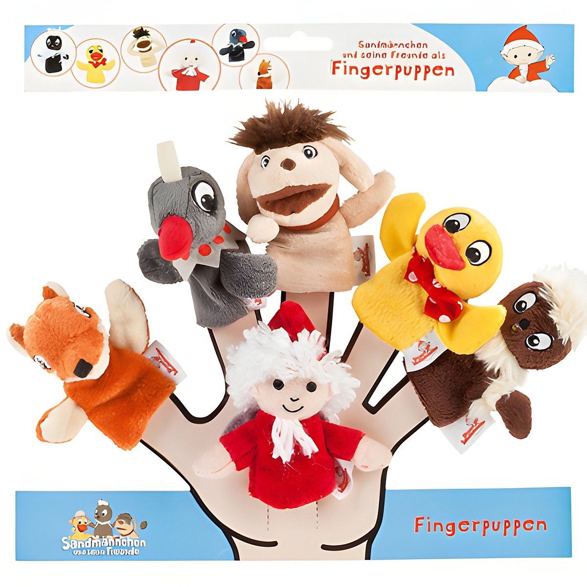 Heunec Fingerpuppen 6er-Set Sandmaennchen und seine Freunde, Verpackung mit Fuchs, Ente, Sandmaennchen und weiteren Figuren auf Hand