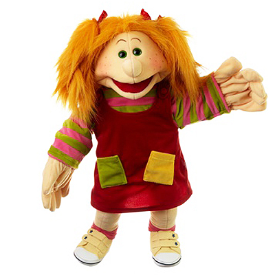 Living Puppets hand puppet Lilabell with long orange hair, red pinafore dress with colourful pockets and striped sleeves, waving