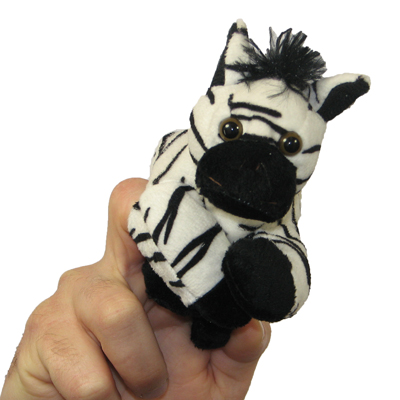 The Puppet Company finger puppet zebra, black and white zebra with a mane on a hand, front view