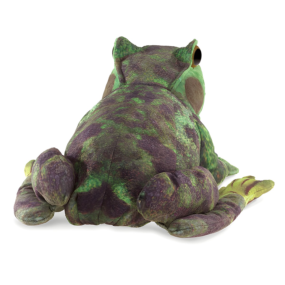 Folkmanis Handpuppe Metamorphose Frosch von hinten, grün-lila geflecktes Plüschfell, sitzende Pose, ein Auge sichtbar
