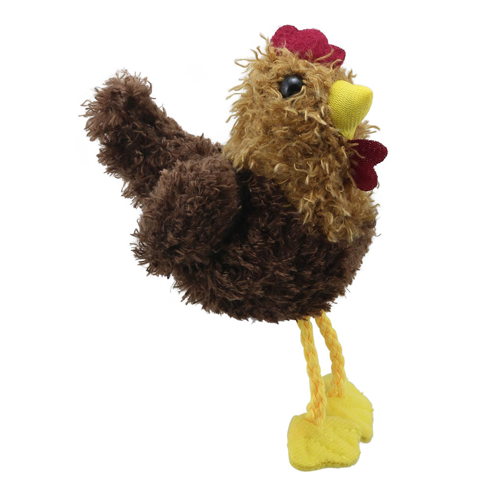 The Puppet Company Fingerpuppe Huhn, braun-beige zottelige Fingerpuppe mit rotem Kamm, Frontansicht