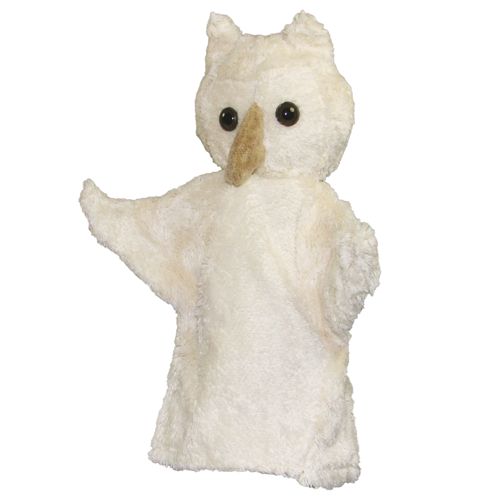 Kallisto hand puppet owl white, front view with spread wings and white fur