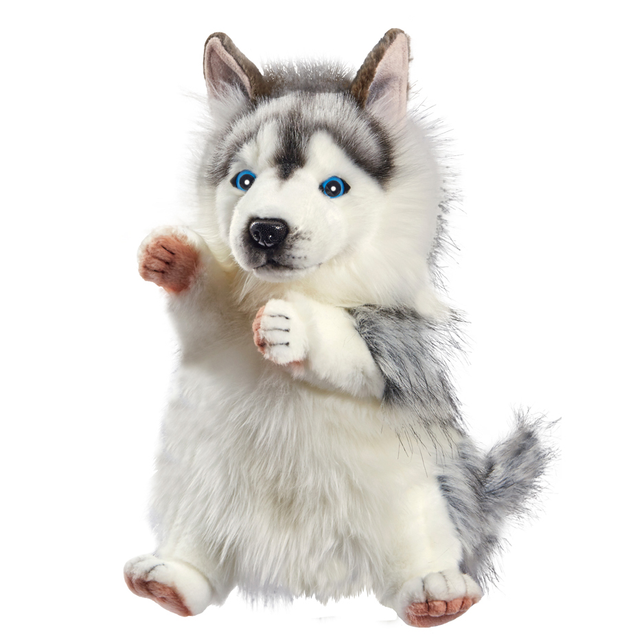 Husky Handpuppe von Hansa Creation mit grau-weißem Fell und blauen Augen