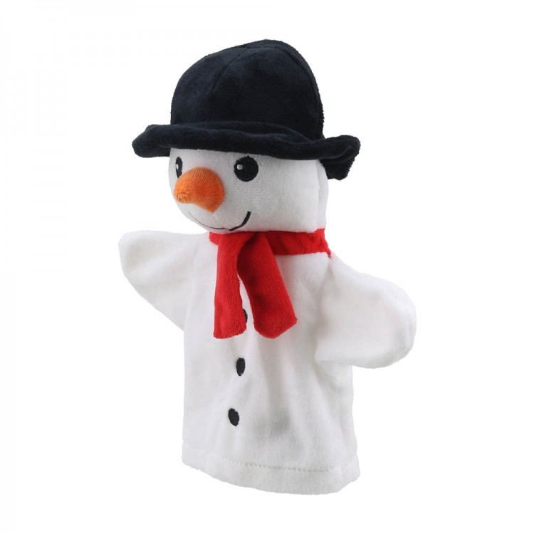 The Puppet Company Baby-Handpuppe Schneemann, weiße Handpuppe mit schwarzem Hut, leicht seitliche Ansicht