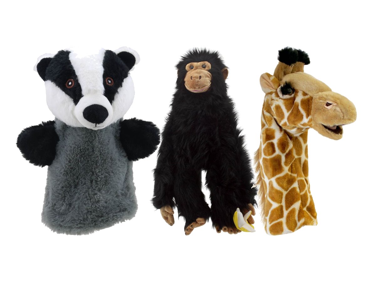 Handpuppen von The Puppet Company: Dachs, riesiger Schimpanse und Lang-Handpuppe Giraffe