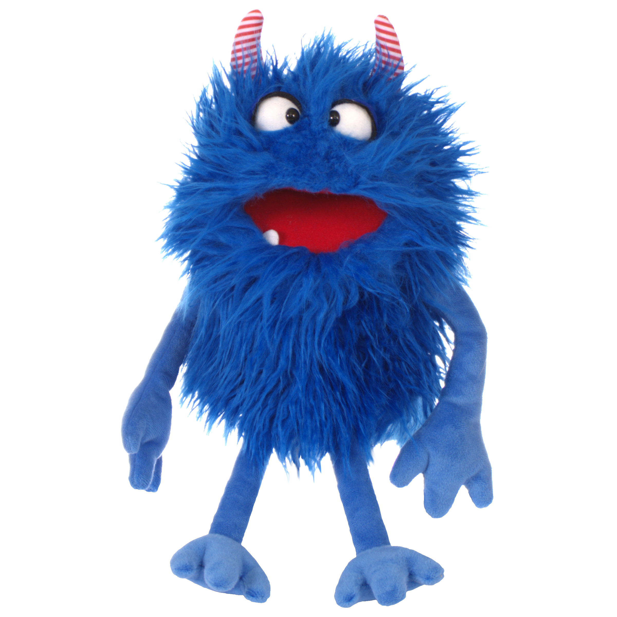 Living Puppets hand puppet Schmackes from the Monster to go series, blue shaggy monster with red and white striped horns, standing