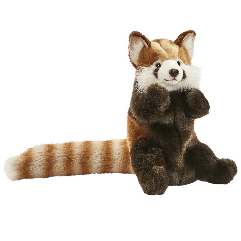 Roter-Panda-Handpuppe von Hansa Creation mit rotbraunem Fell, weißen Gesichtsabzeichen und geringeltem Schwanz