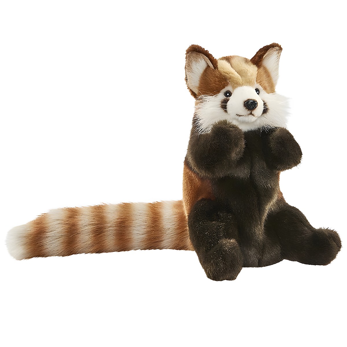 Roter-Panda-Handpuppe von Hansa Creation mit rotbraunem Fell, weißen Gesichtsabzeichen und geringeltem Schwanz