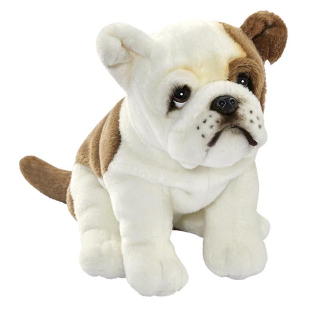 French Bulldog by Anima as a sitting plush figure in white with brown markings on head and back