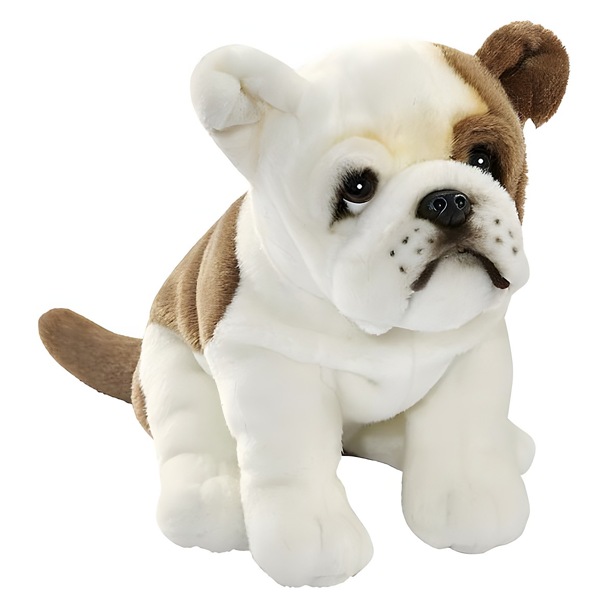 French Bulldog by Anima as a sitting plush figure in white with brown markings on head and back