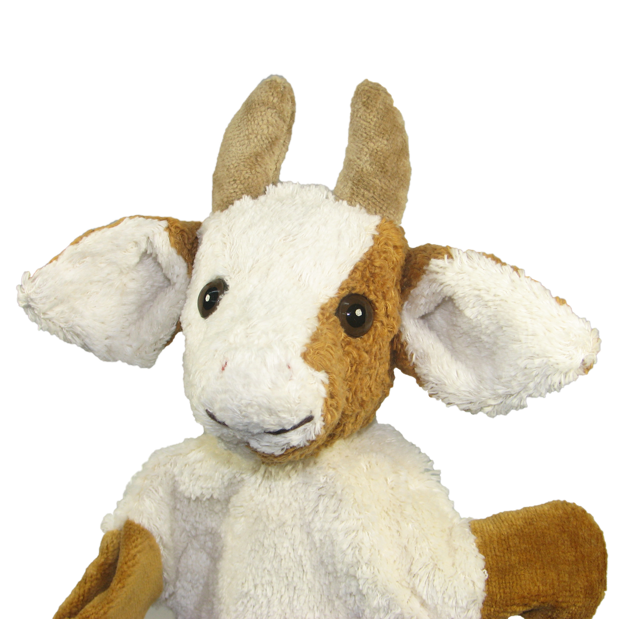 Kallisto hand puppet cow, portrait with small horns, floppy ears and a brown and white coat pattern