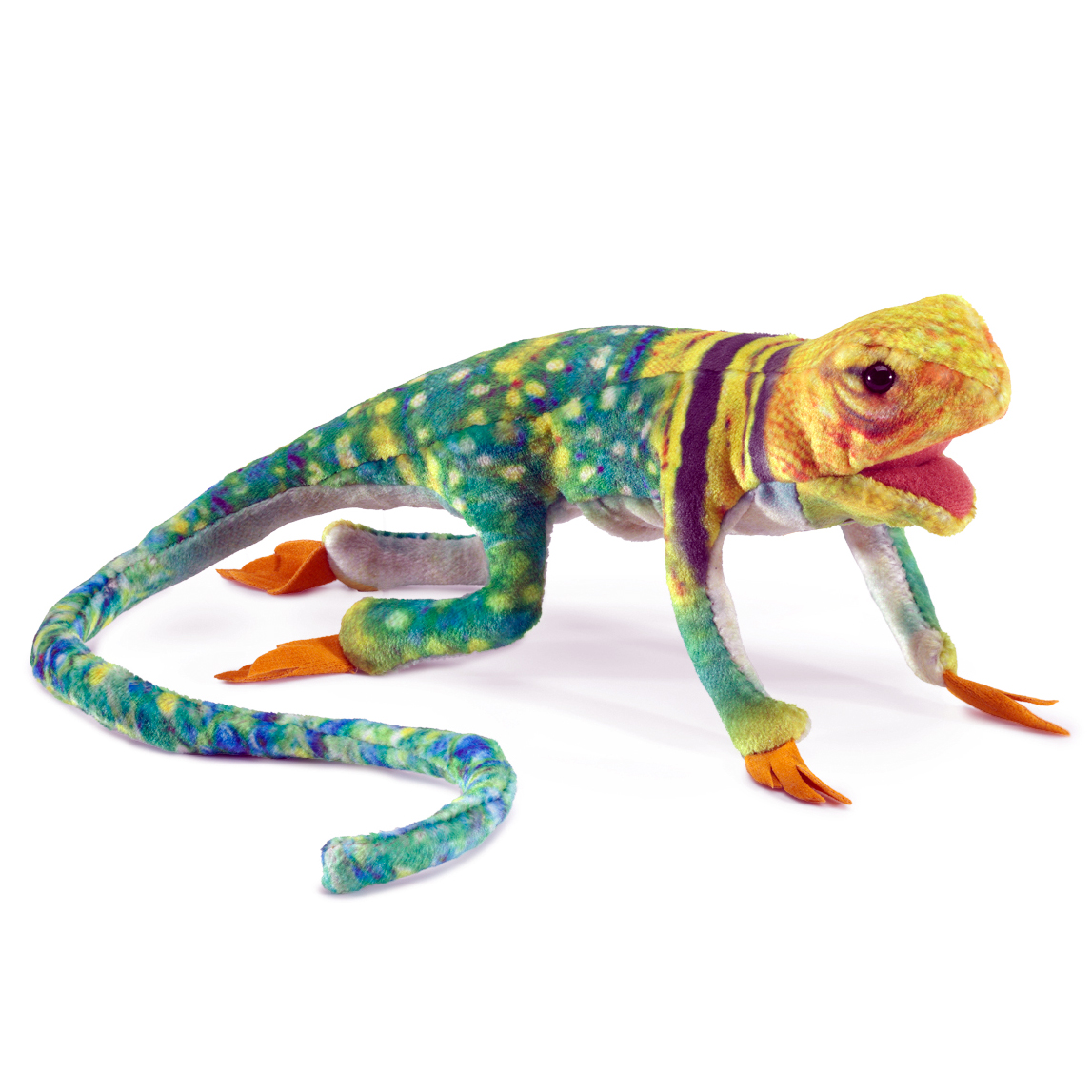 Folkmanis Fingerpuppe mini Halsbandleguan in Grün-Gelb mit lila Streifen, herausgestreckter rosa Zunge und orangefarbenen Krallen