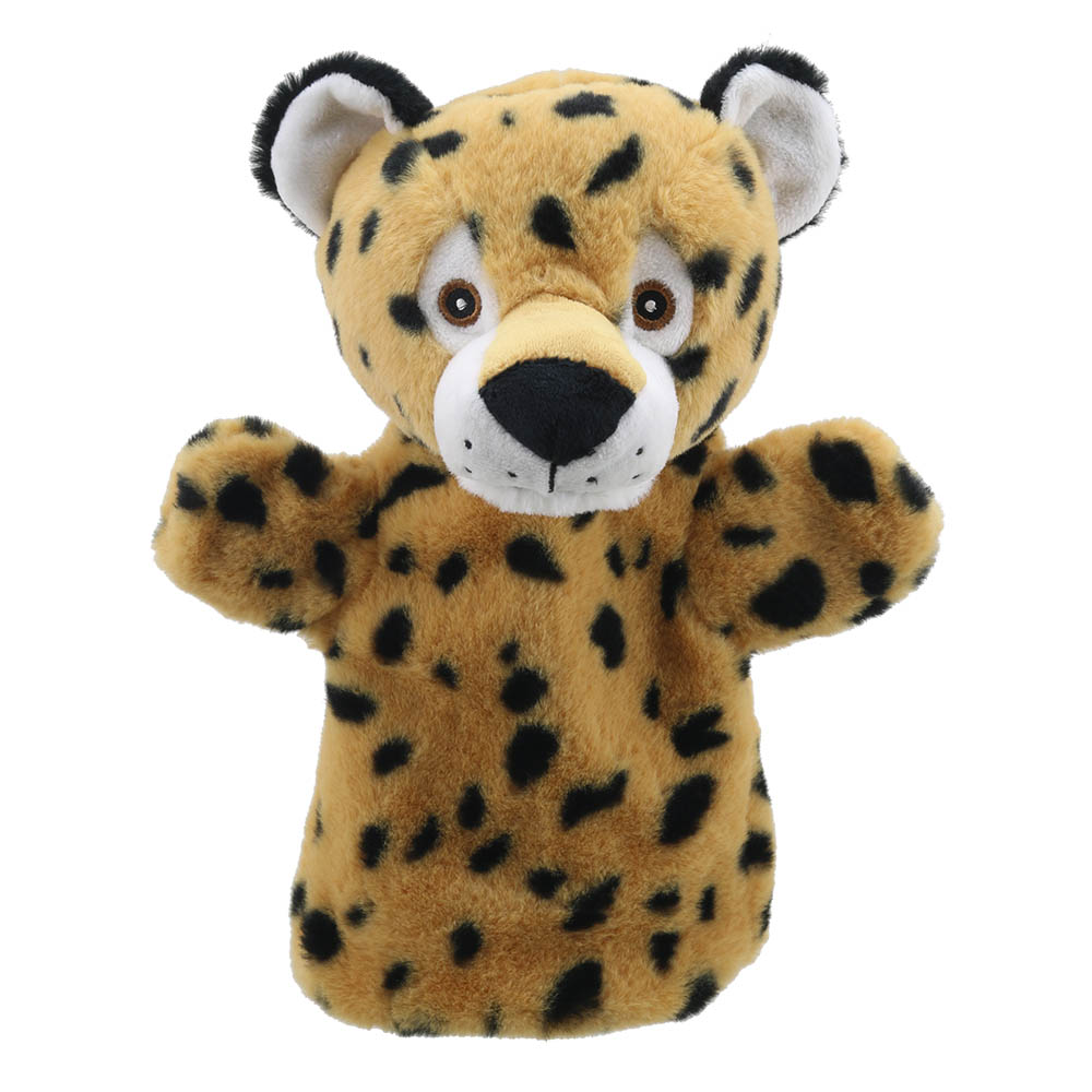 The Puppet Company Baby-Handpuppe Leopard, hellbraune Handpuppe mit schwarzen Flecken und weißer Schnauze, Frontansicht
