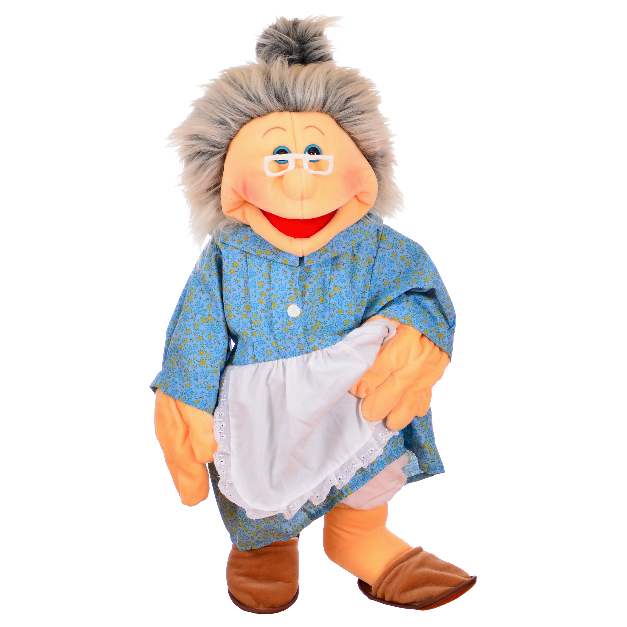 Living Puppets hand puppet grandmother with glasses, floral dress and white lace apron