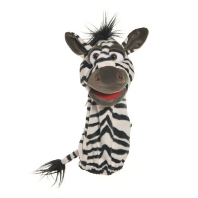 Living Puppets Strumpfhandpuppe Zebra aus der Quasselwurm-Reihe, schwarz-weiß gestreift mit dunkler Mähne und geöffnetem Mund
