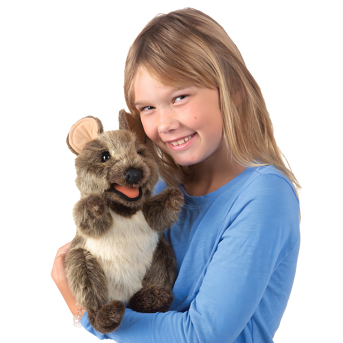 Folkmanis quokka hand puppet with brown fur and movable mouth, held by a girl