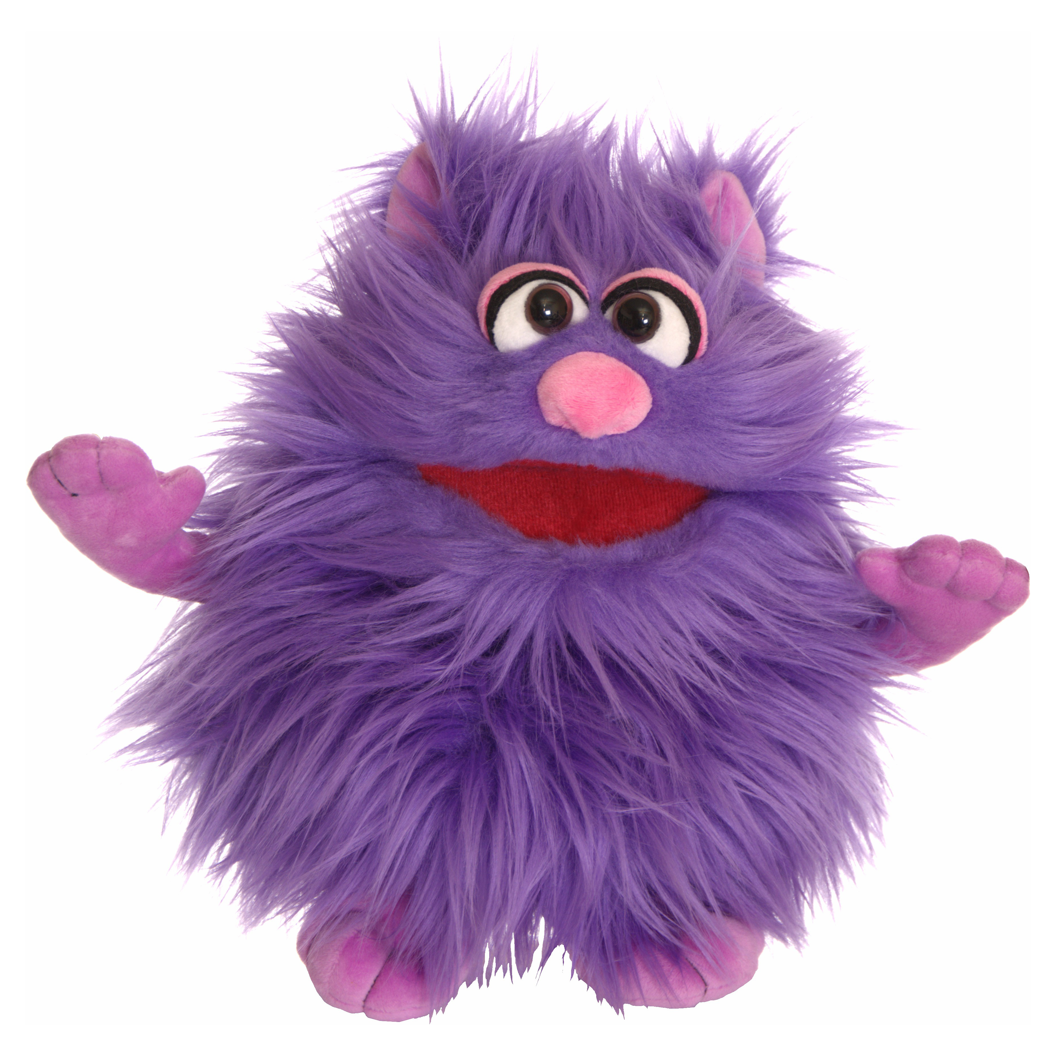 Living Puppets Handpuppe Mops aus der Serie Monster to go, lila Zottelmonster mit rosa Ohren und Nase und geöffnetem rotem Mund, Arme erhoben