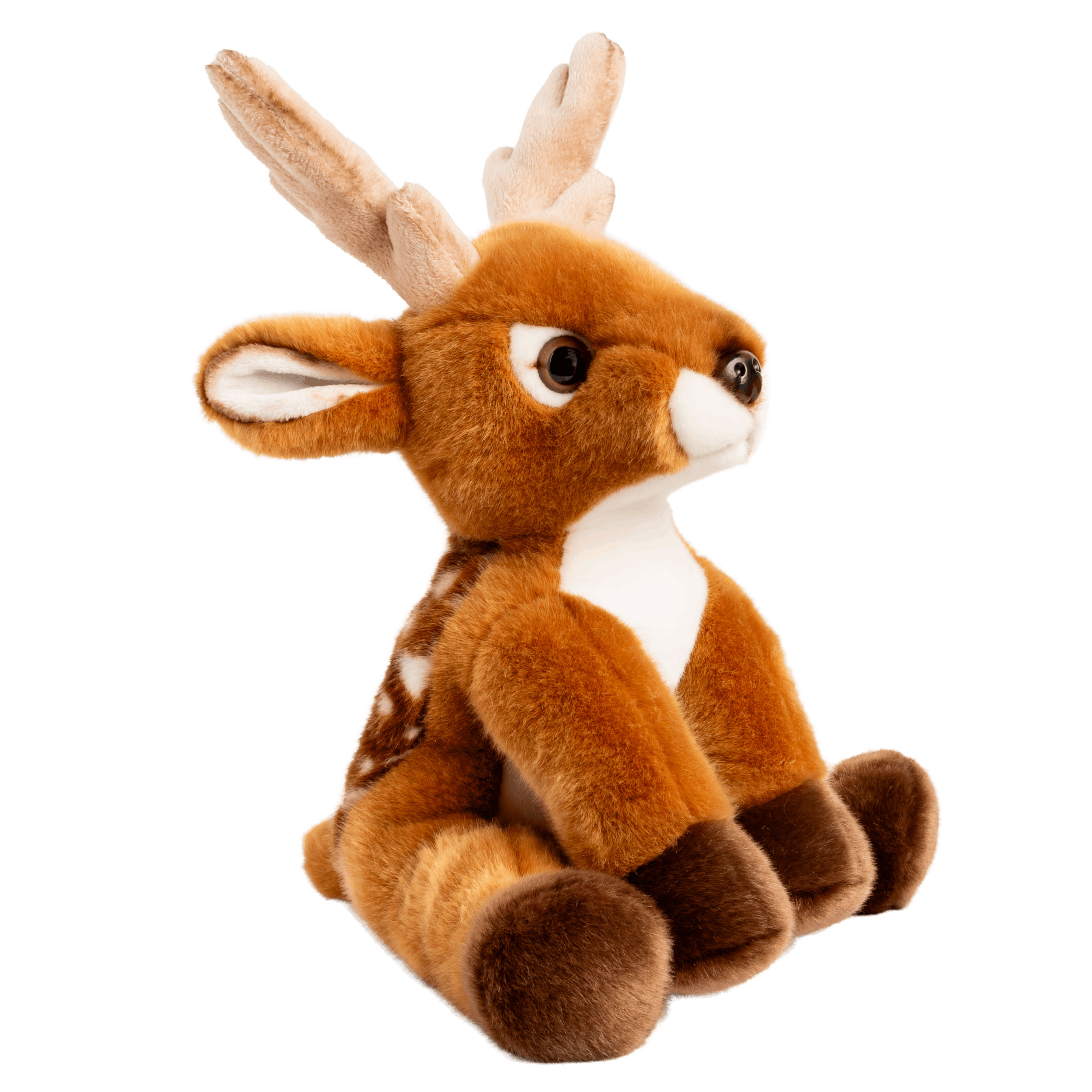 Anima fallow deer soft toy, seated plush figure with brown fur, white-spotted flank, light chest and small pale antlers, shown at a three-quarter angle