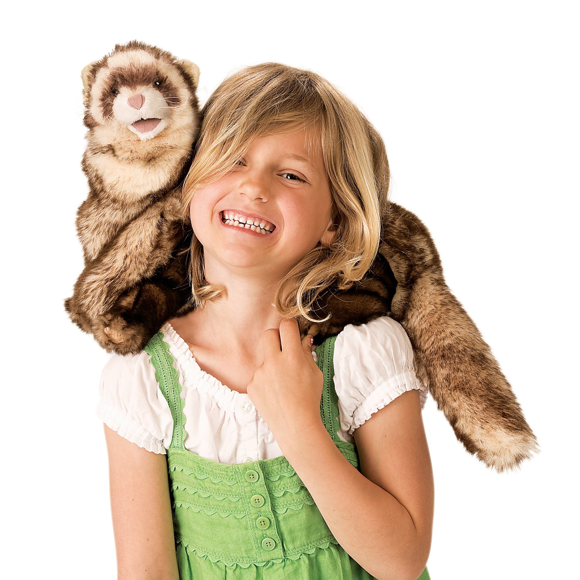 Girl wearing a Folkmanis ferret hand puppet on her shoulder, brown and beige plush with a movable open mouth