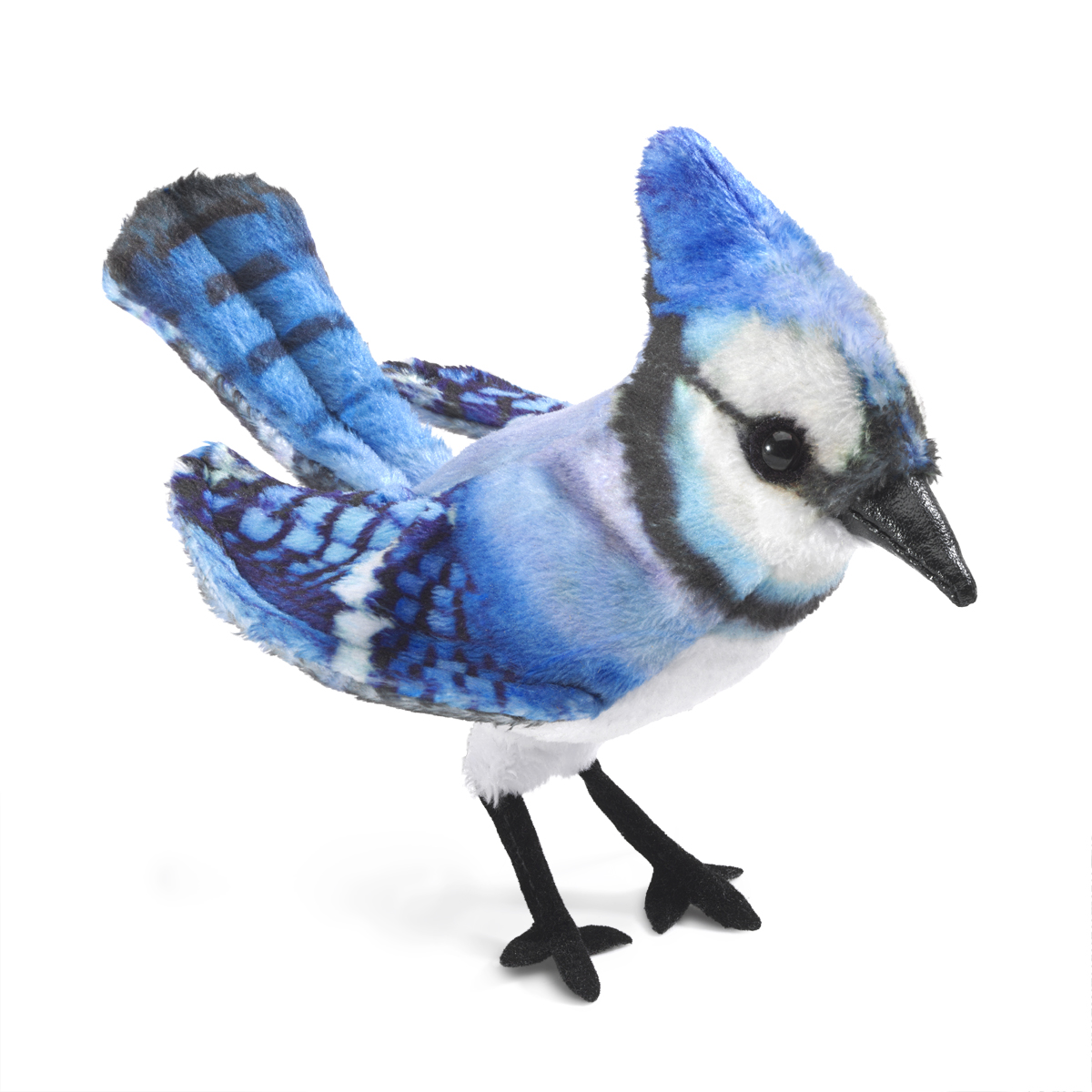Folkmanis mini blue jay finger puppet in blue, white and black with open wings, crest and black beak