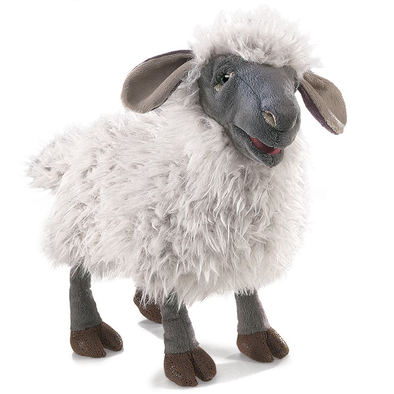 Folkmanis bleating sheep hand puppet with grey face, white wool plush and open mouth, side view
