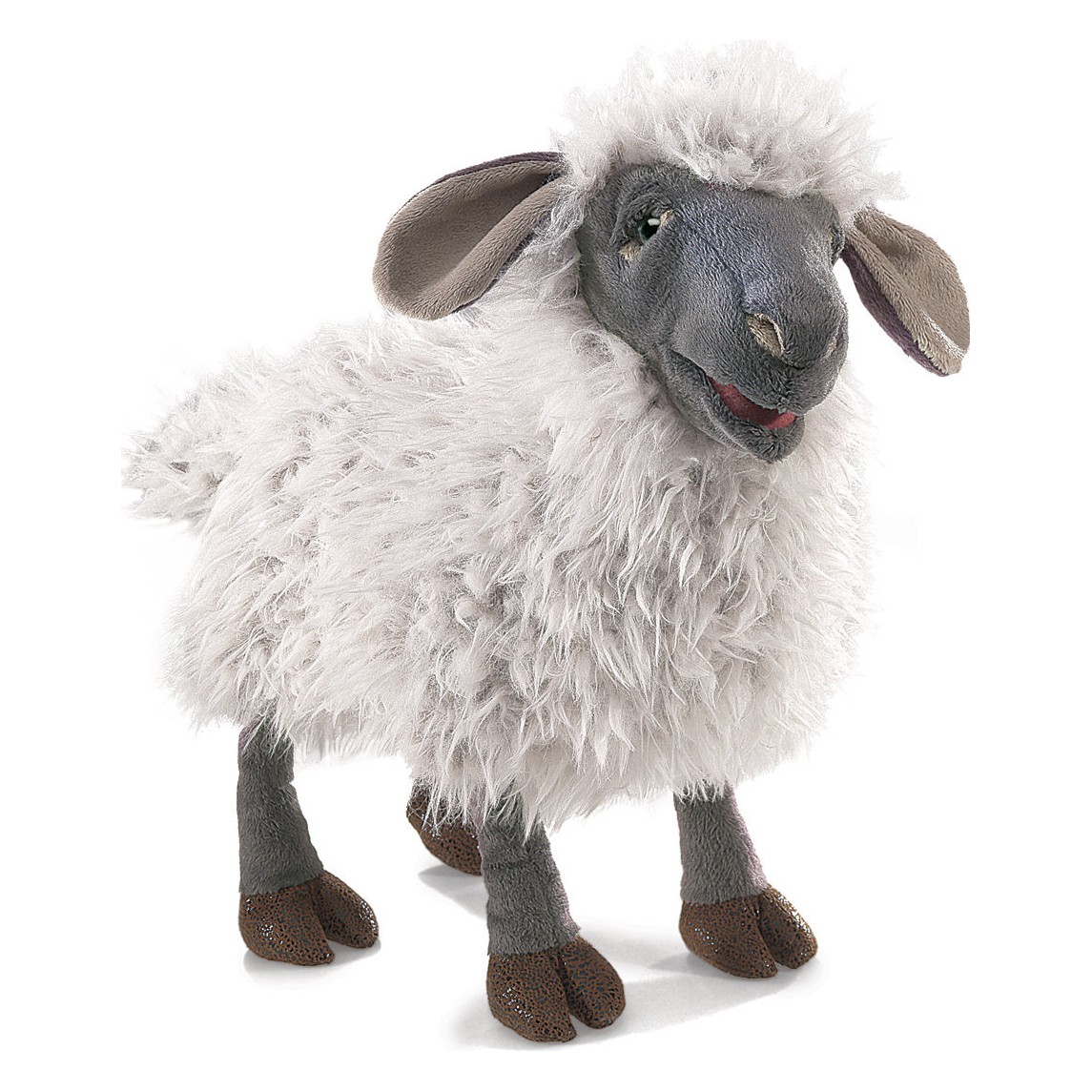 Folkmanis Handpuppe blökendes Schaf mit grauem Gesicht, weißem Wollplüsch und geöffnetem Maul, Seitenansicht