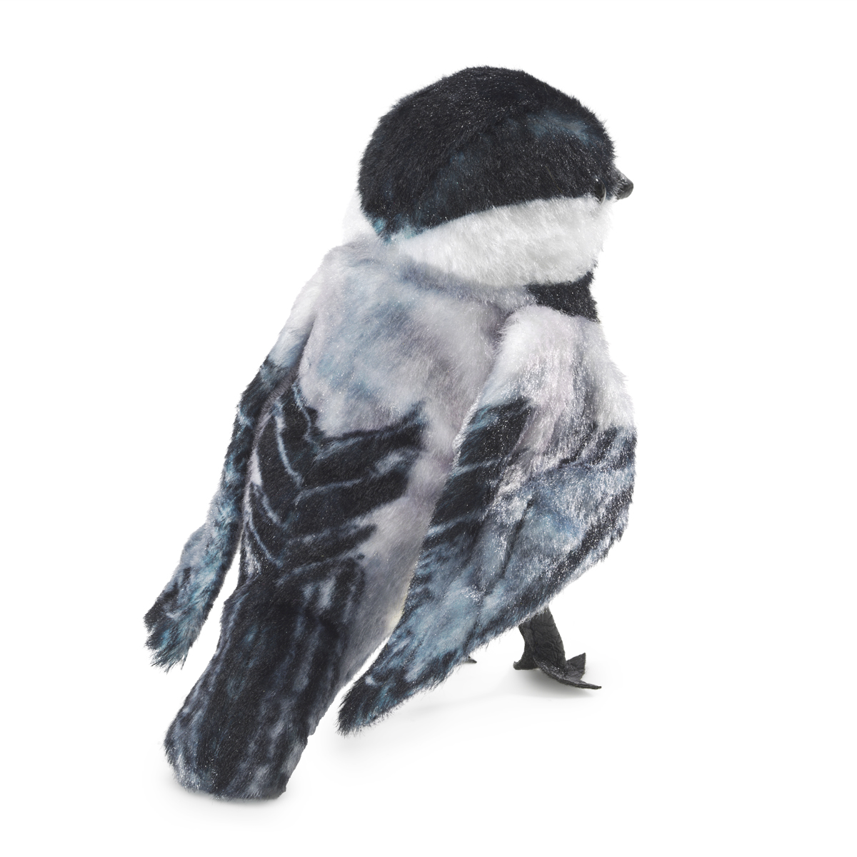 Folkmanis mini chickadee finger puppet with black-and-white head and blue-grey plumage, standing in side view